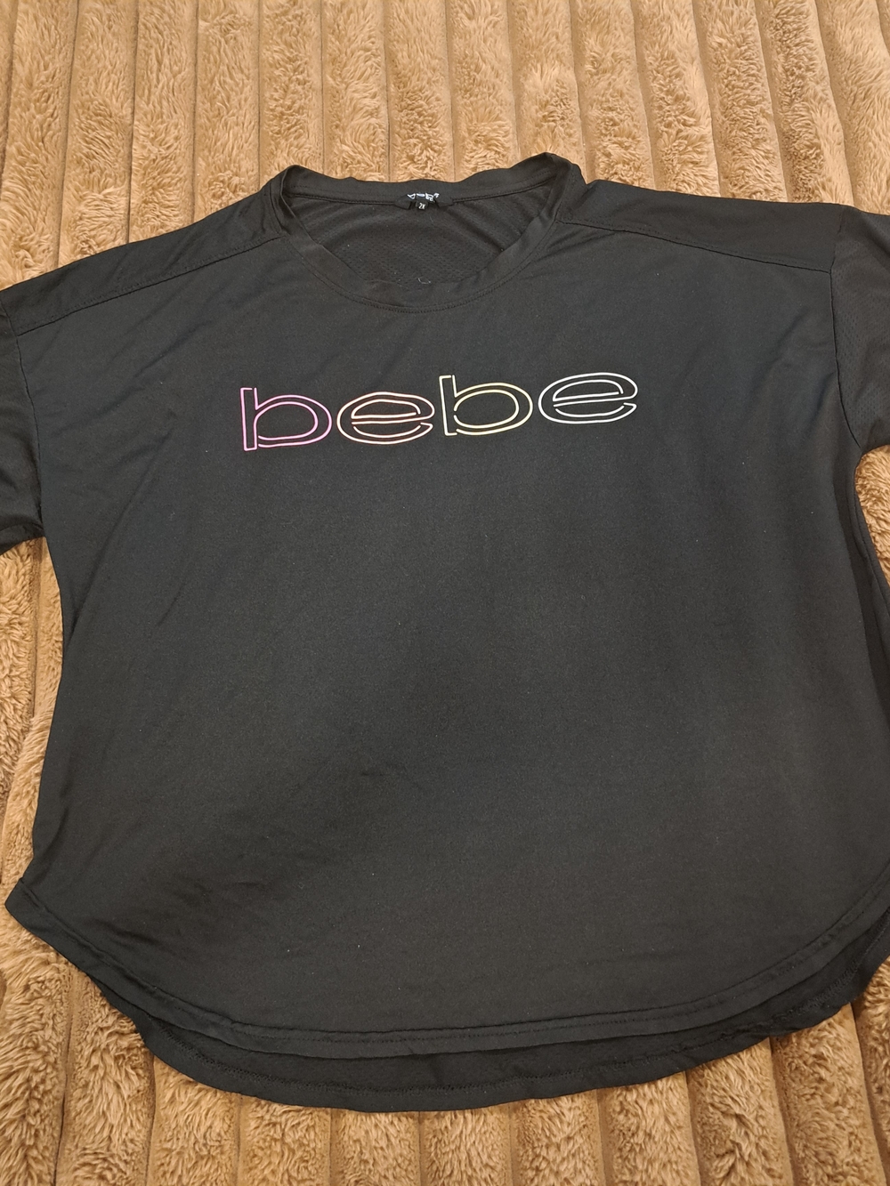 BEBE Y2K Sport Black Breathable Top Pink, Yellow Letter Logo Short Sleeve 2X